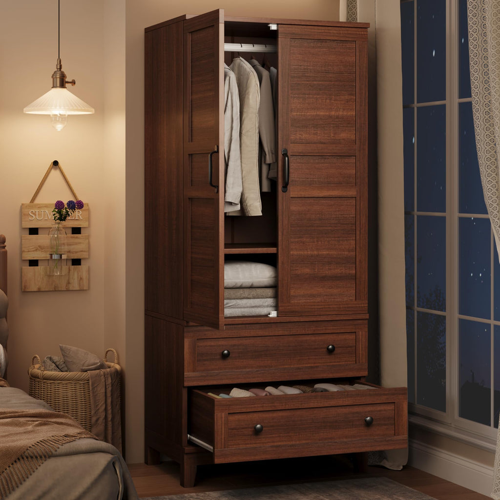 Garvee Armoire Wardrobe Closet with 2 Drawers, 72 in Tall Wooden Organizer with Hanging Rod, Large Storage Cabinet with Doors and Adjustable Shelves for Bedroom and Living Room, Rustic Brown