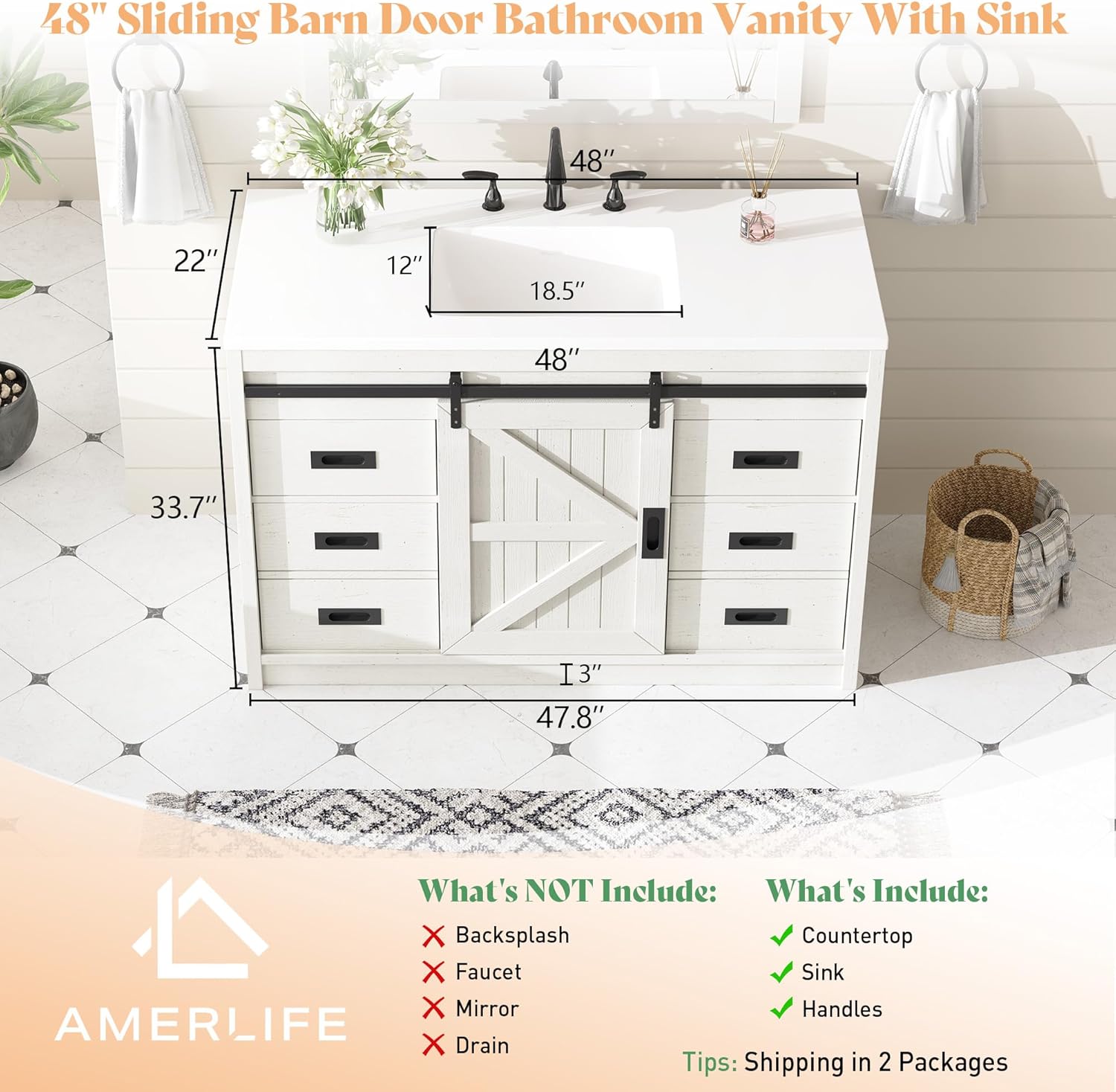 AMERLIFE 48" Farmhouse Freestanding Bathroom Vanity with Sink, Sliding Barn Doors Bathroom Vanity with Drawers & Deep Basin, Spacious Bathroom Storage, Rustic White