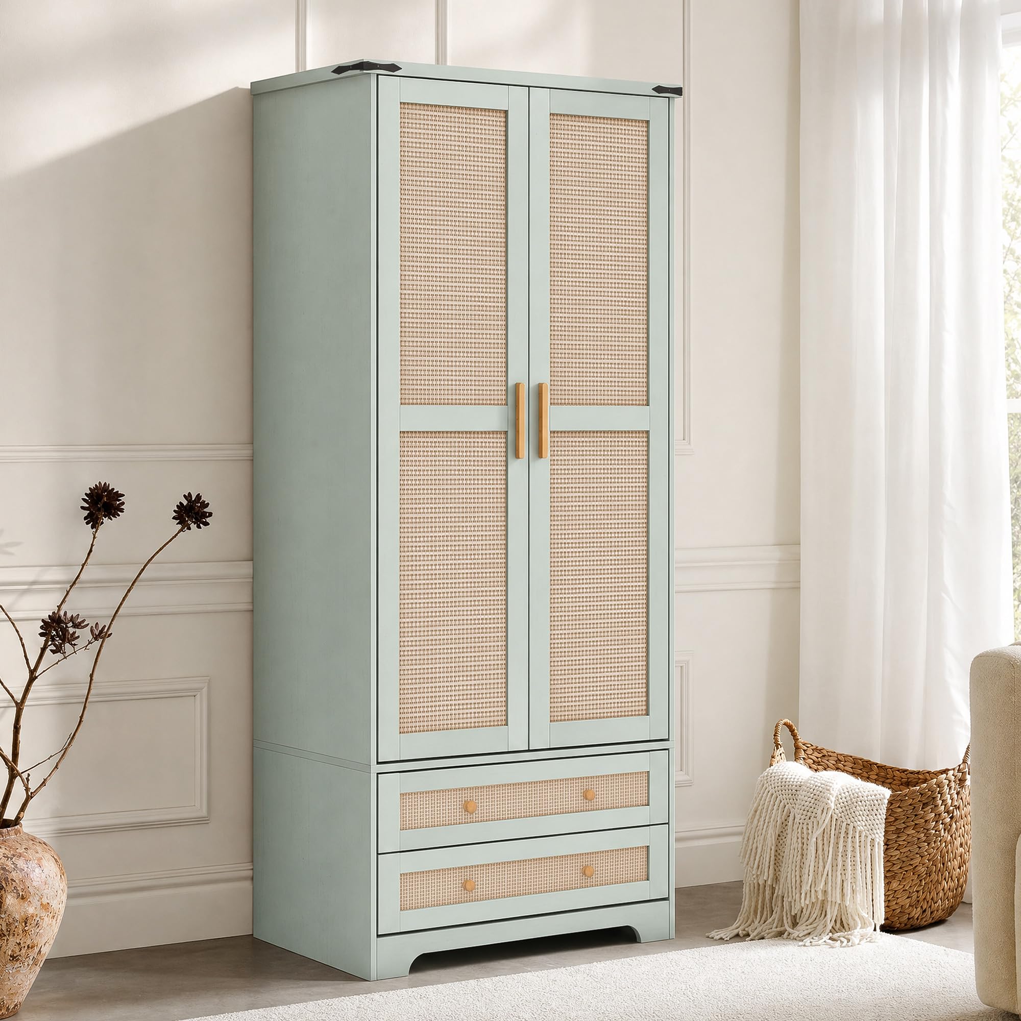 Brafab Armoire Wardrobe Closet with 2 Rattan Doors, 71" Farmhouse Tall Freestanding Coat Closet Wardrobe Cabinet with Drawers and Hanging Rail, Wooden Armoire Storage Cabinet with Shelf for Bedroom