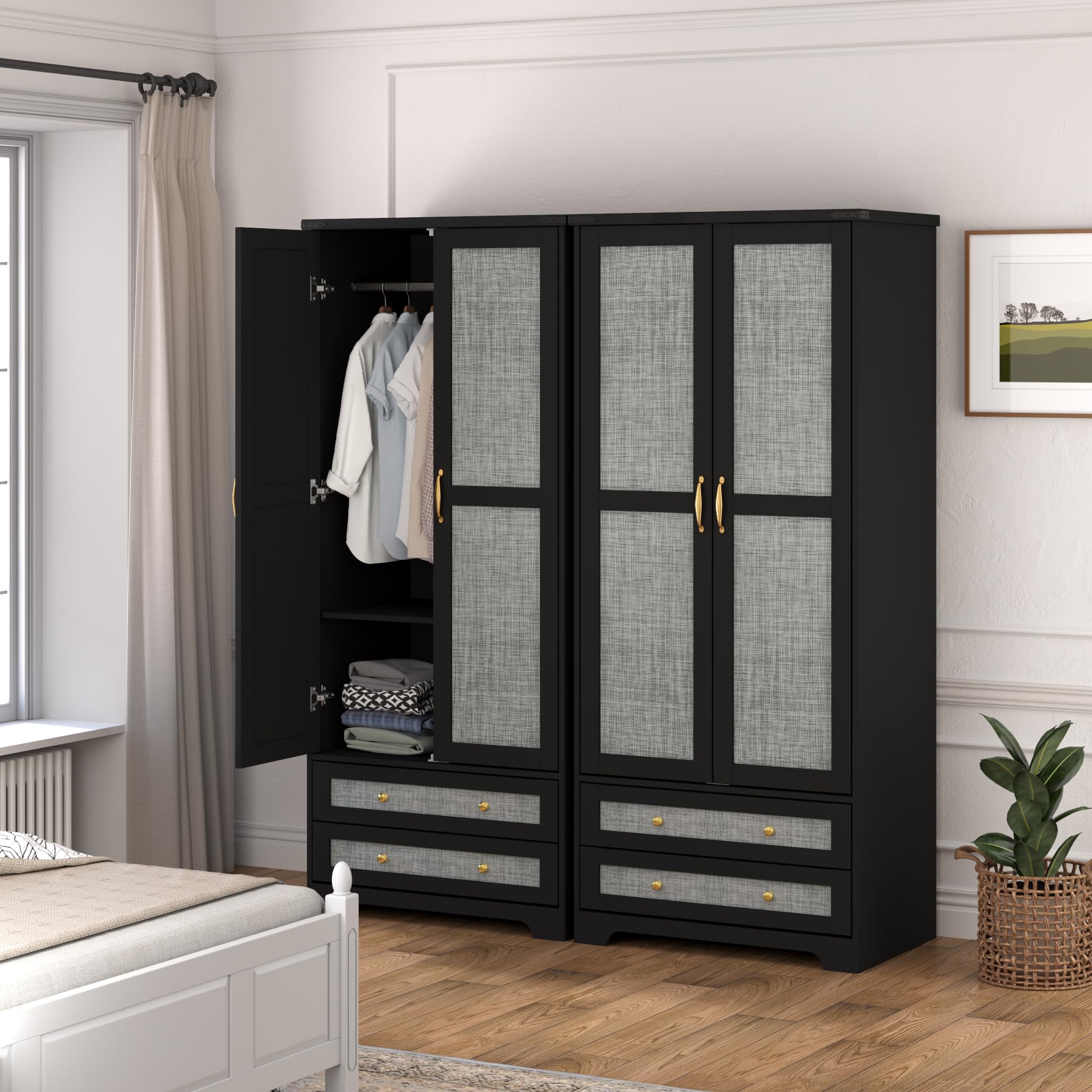 Brafab Armoire Wardrobe Closet with 2 Rattan Doors, 71" Farmhouse Tall Freestanding Coat Closet Wardrobe Cabinet with Drawers and Hanging Rail, Wooden Armoire Storage Cabinet with Shelf for Bedroom