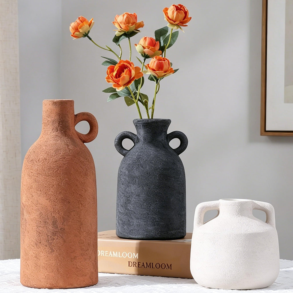 Ceramic Vase Set, 3Pcs Flower Vases for Modern Boho Farmhouse Decor, Decorative Vases for Pampas Grass & Dried Flowers, Distressed Finish