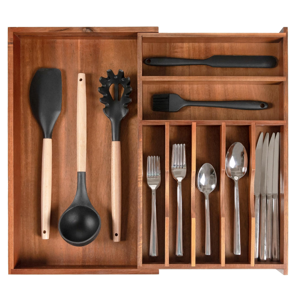 KitchenEdge Premium Silverware, Flatware and Utensil Organizer for Kitchen Drawers, Food-Safe Contract Grade, Expandable from 18 to 33 In, Natural Bamboo