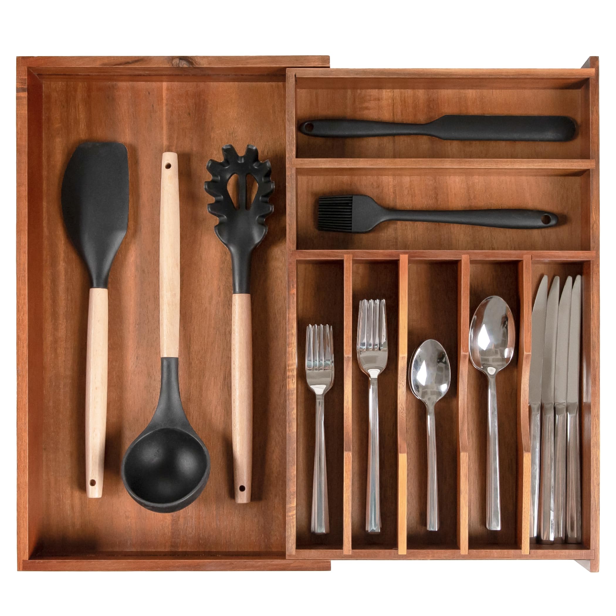 KitchenEdge Premium Silverware, Flatware and Utensil Organizer for Kitchen Drawers, Food-Safe Contract Grade, Expandable from 18 to 33 In, Natural Bamboo