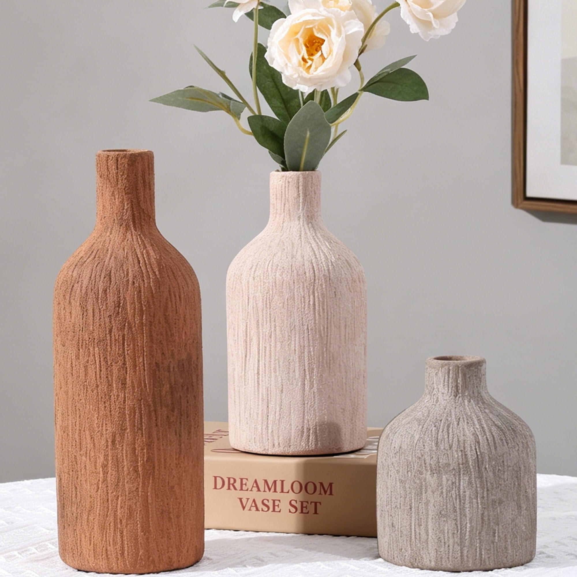 Ceramic Vase Set, 3Pcs Flower Vases for Modern Boho Farmhouse Decor, Decorative Vases for Pampas Grass & Dried Flowers, Distressed Finish