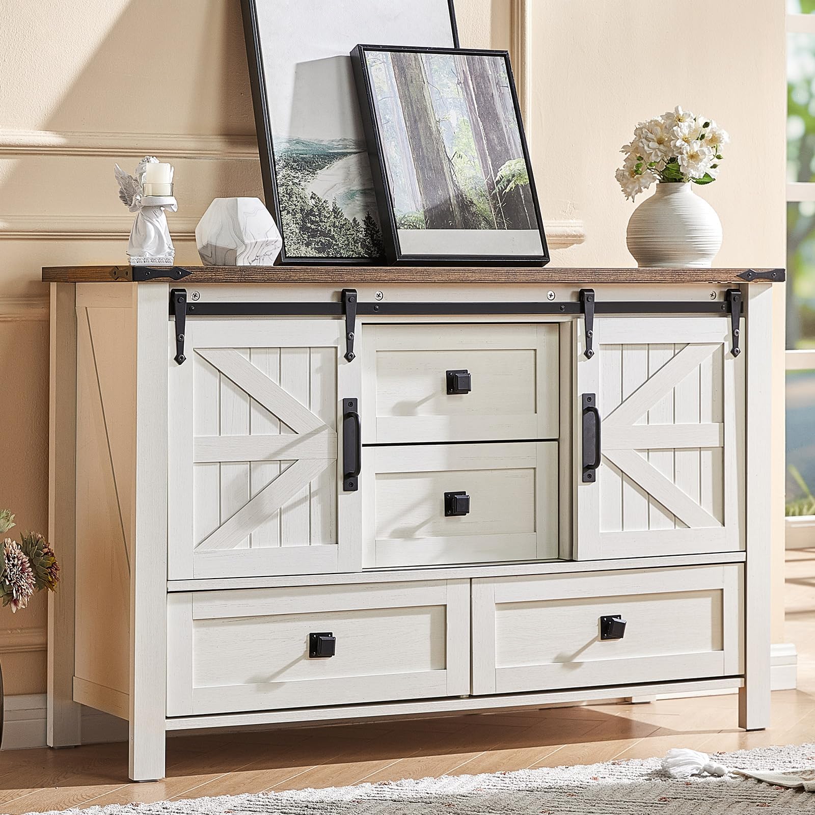 AMERLIFE 60" Farmhouse Dresser with Sliding Barn Doors, Rustic Dresser TV Stand with 4 Drawers, Storage Organizer for Bedroom/Entryway, Distressed White