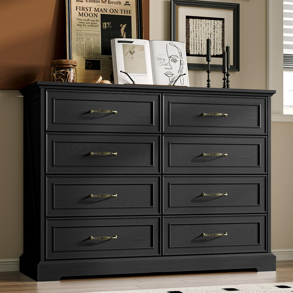 White Farmhouse 8-Drawer Wooden Dresser, 54" Wide Rustic Storage Chest with Bar Handles