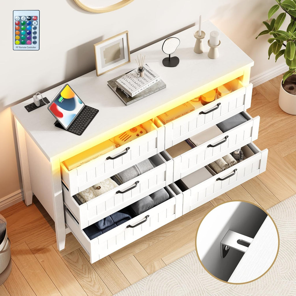 GarveeHome Farmhouse 6 Drawer Dresser with Charging Station & LED Lights, Slim Wooden Bedroom Dresser, Rustic Chest of Drawers Clothes Storage Organizer for Closet Dorm Apartments, White