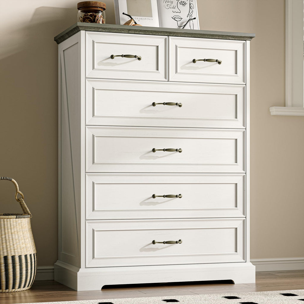 White Farmhouse 8-Drawer Wooden Dresser, 54" Wide Rustic Storage Chest with Bar Handles