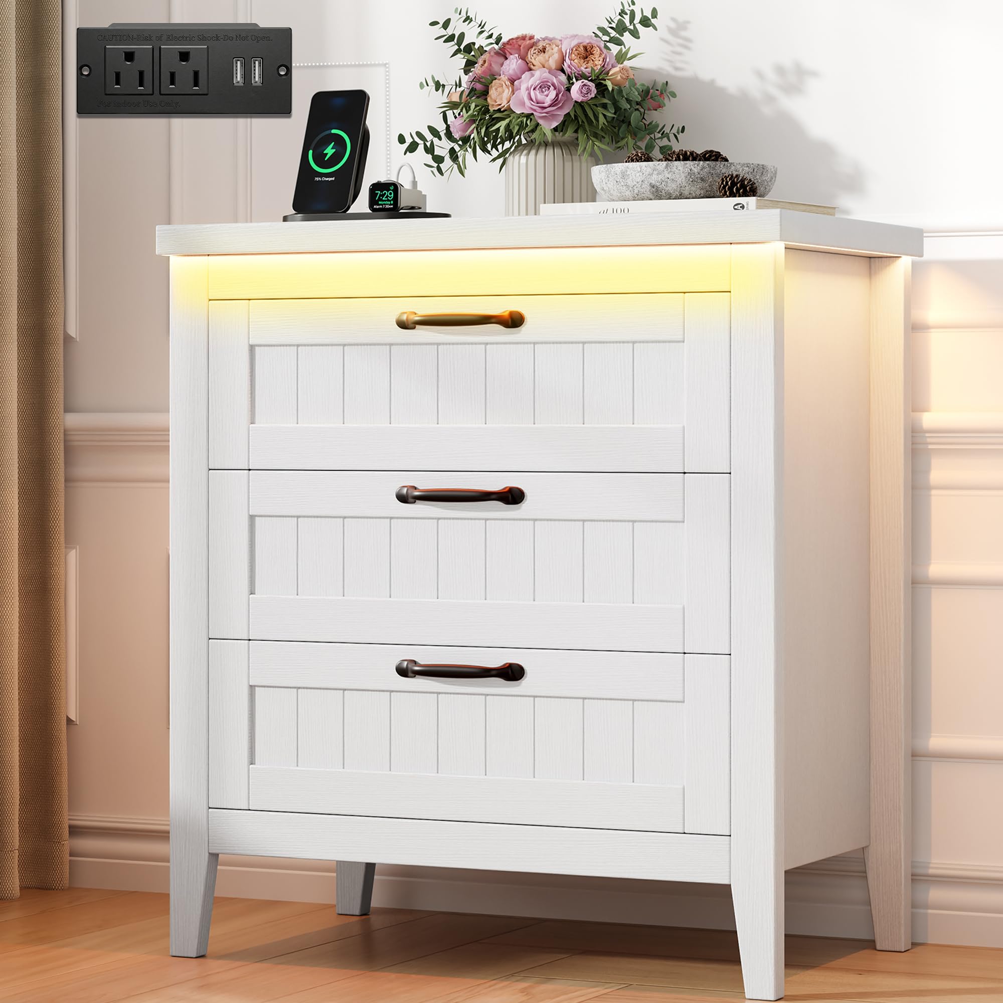 GarveeHome Farmhouse 6 Drawer Dresser with Charging Station & LED Lights, Slim Wooden Bedroom Dresser, Rustic Chest of Drawers Clothes Storage Organizer for Closet Dorm Apartments, White