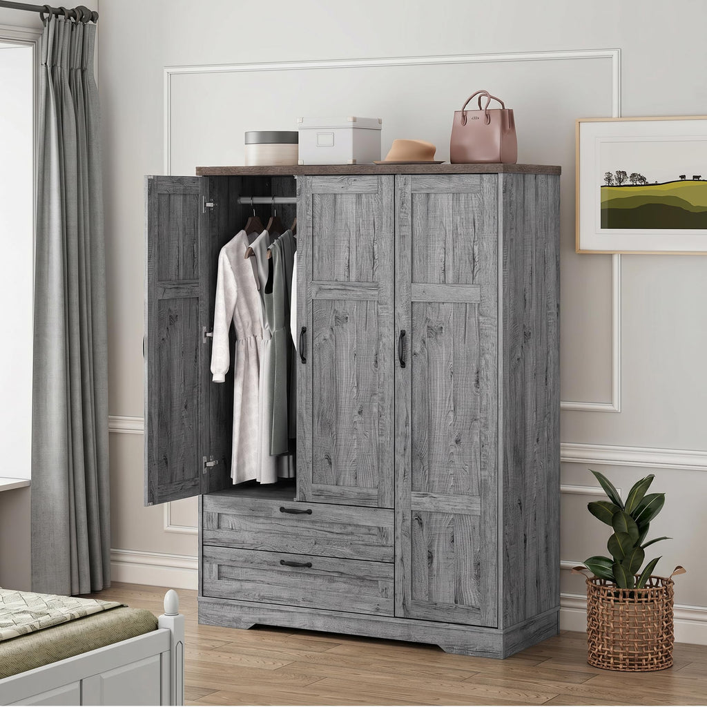 Brafab Armoire Wardrobe Closet with 2 Rattan Doors, 71" Farmhouse Tall Freestanding Coat Closet Wardrobe Cabinet with Drawers and Hanging Rail, Wooden Armoire Storage Cabinet with Shelf for Bedroom