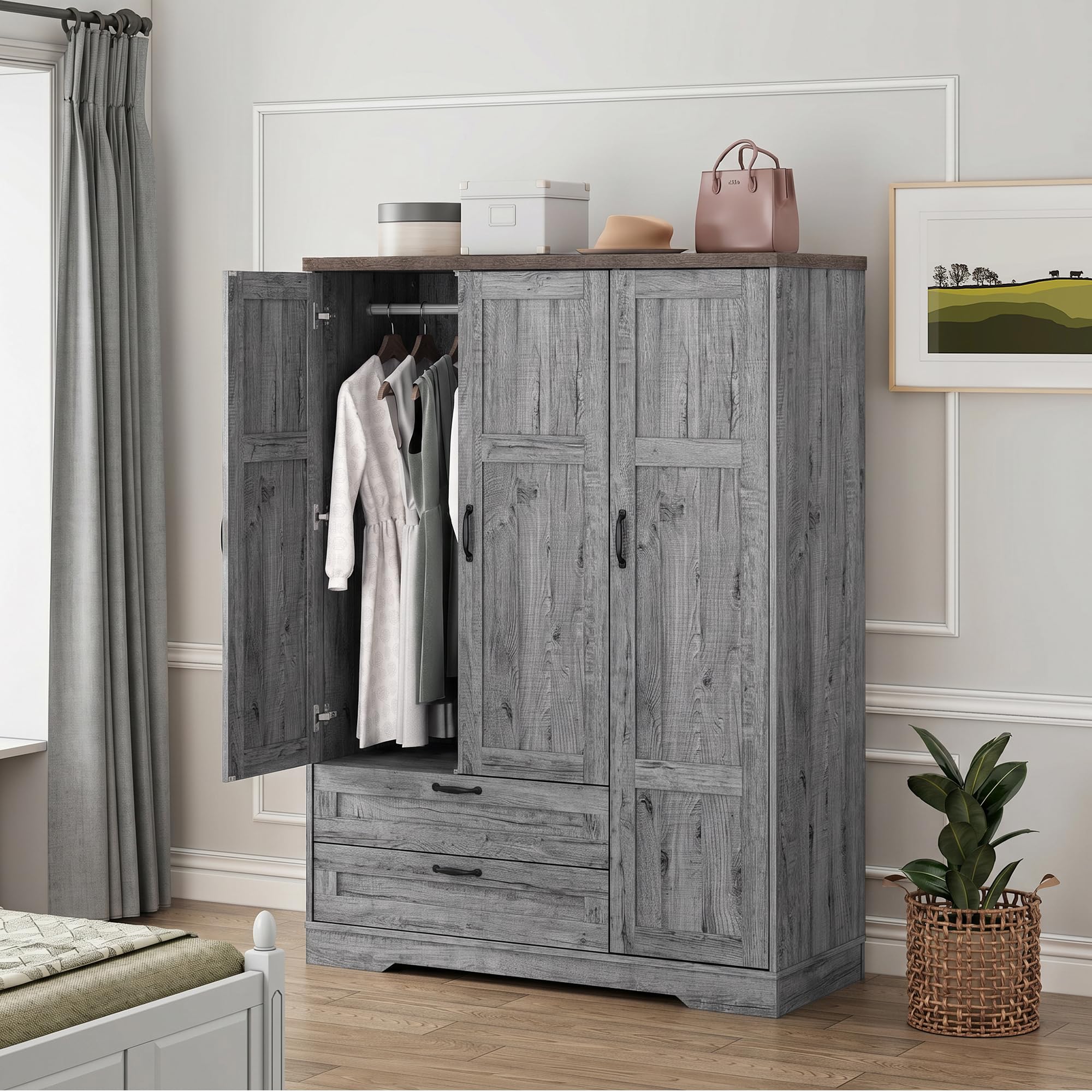 Brafab Armoire Wardrobe Closet with 2 Rattan Doors, 71" Farmhouse Tall Freestanding Coat Closet Wardrobe Cabinet with Drawers and Hanging Rail, Wooden Armoire Storage Cabinet with Shelf for Bedroom