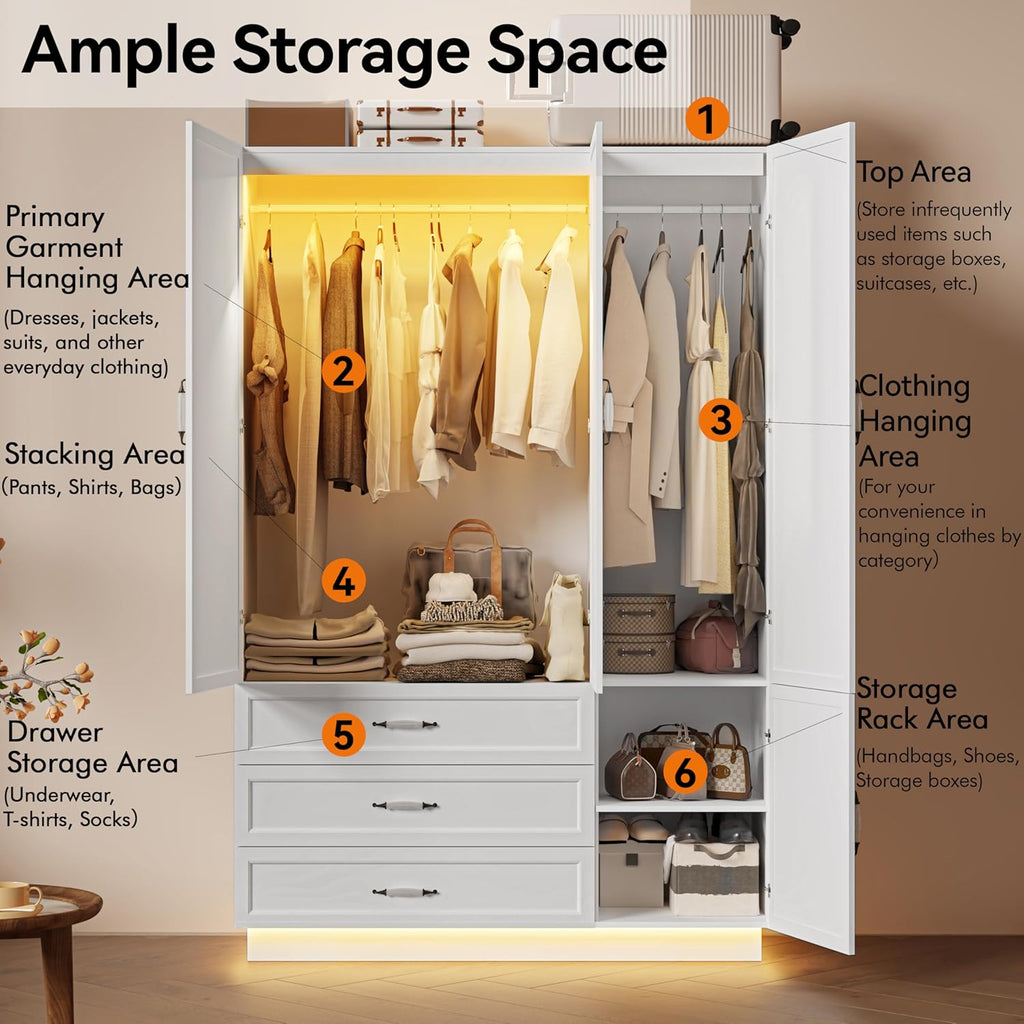 AXCITOC 72" Armoire Wardrobe Closet with 3 Door Wooden Bedroom Armoire with LED Light 3 Drawers Large Modern White Wardrobe Cabinet with Retro Ceramic Door Handles and Removable Hanging Rod