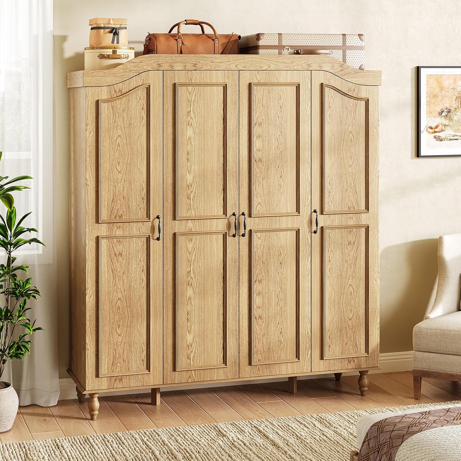 Arched Armoire Wardrobe Closet with 4 Doors, 71" H Wooden Large Capacity Wardrobe Cabinet with 2 Hanging Rods and 8 Shelves, Freestanding Armoire Storage Cabinet for Bedroom, Cloak Room, Natural