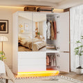 3-Door Mirrored Wooden Armoire Wardrobe with Lights, Drawers, Hanging Rod & Shelves