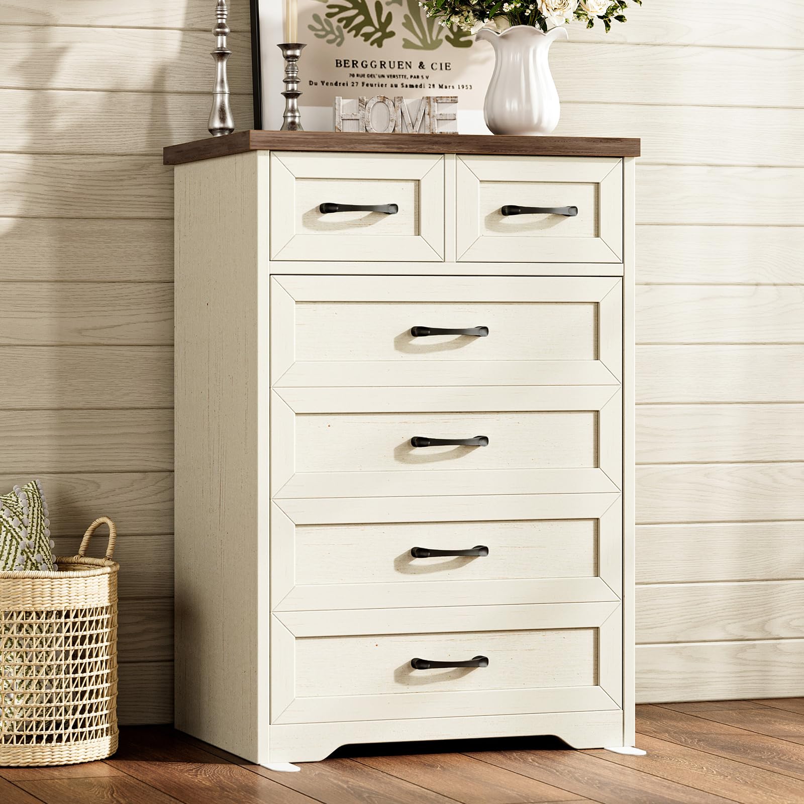 Vintage White Farmhouse 6-Drawer Wooden Dresser 47" Wide Bedroom Storage Chest