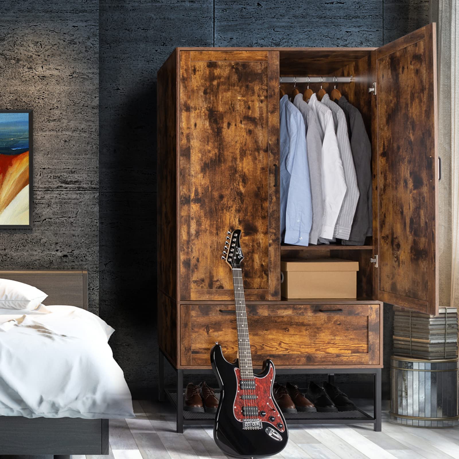 VINGLI Fluted Wardrobe Closet Armoire with Doors And Drawers, Wardrobe Cabinet with Hanging Rack, Bedroom Closet Wood, Oak Free Standing Armoire with Shelf and Solid Wood Legs, 31.5"W*19.7"D*69.3"H