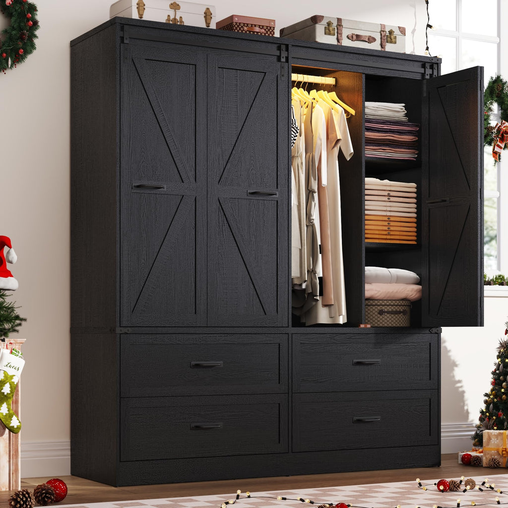 Farmhouse 3 Doors Armoire Wardrobe Closet w/Folding Sliding Barn Door and Lights, LED Armoire Closet w/Drawers for Bedroom, Freestanding Wooden Wardrobe Storage Closets w/Hanging Rod,Rustic Brown