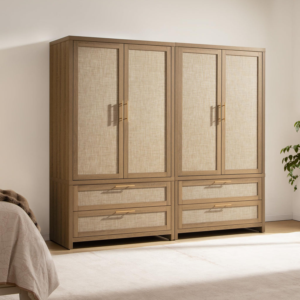 SICOTAS Rattan Armoire Wardrobe Closet Cabinet, 71" Tall Wardrobe Storage Cabinet with 2 Drawers and Hanging Rod, Boho Large-Capacity Deep Armoire Clothes Organizer for Bedroom, Cloak Room, Oak