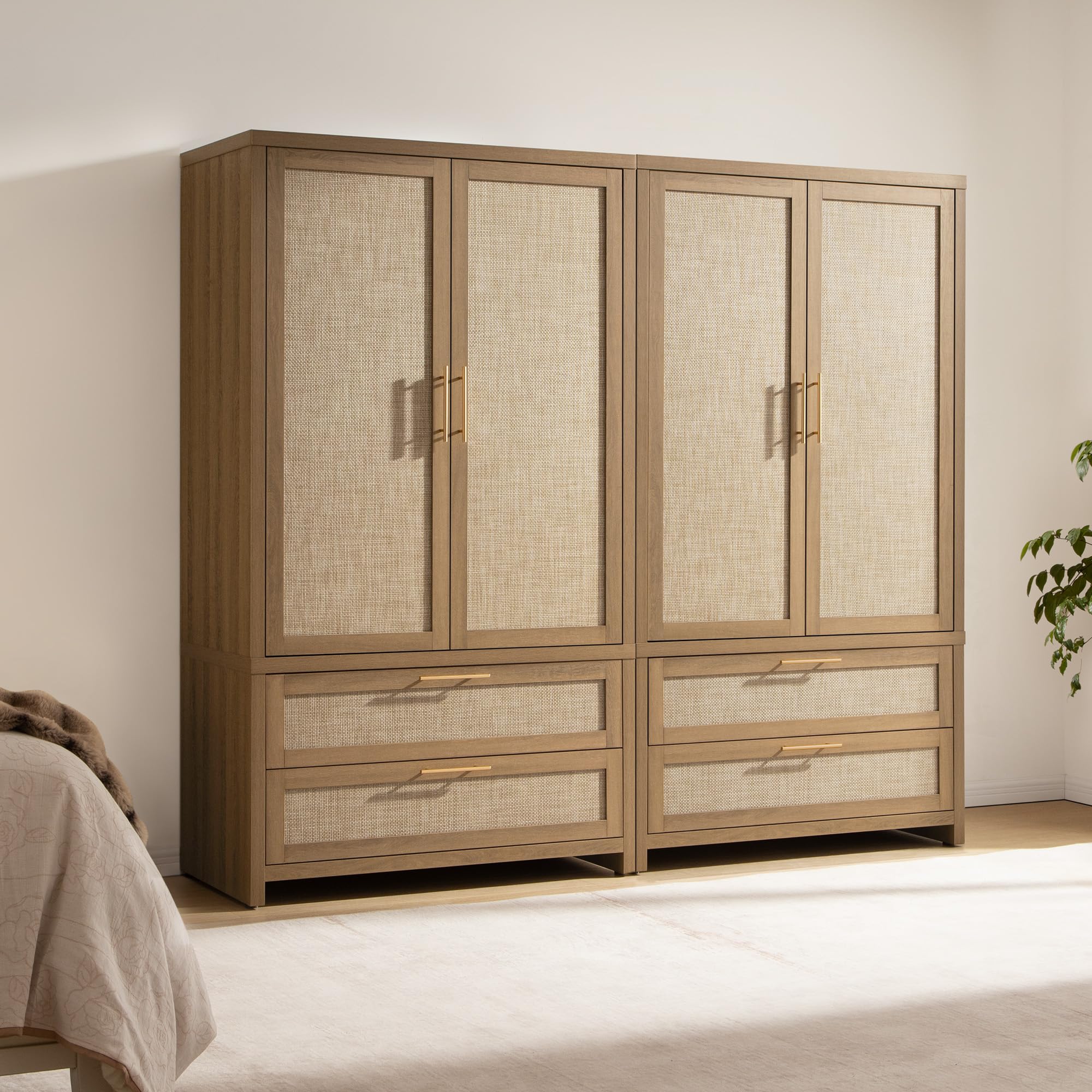 SICOTAS Rattan Armoire Wardrobe Closet Cabinet, 71" Tall Wardrobe Storage Cabinet with 2 Drawers and Hanging Rod, Boho Large-Capacity Deep Armoire Clothes Organizer for Bedroom, Cloak Room, Oak