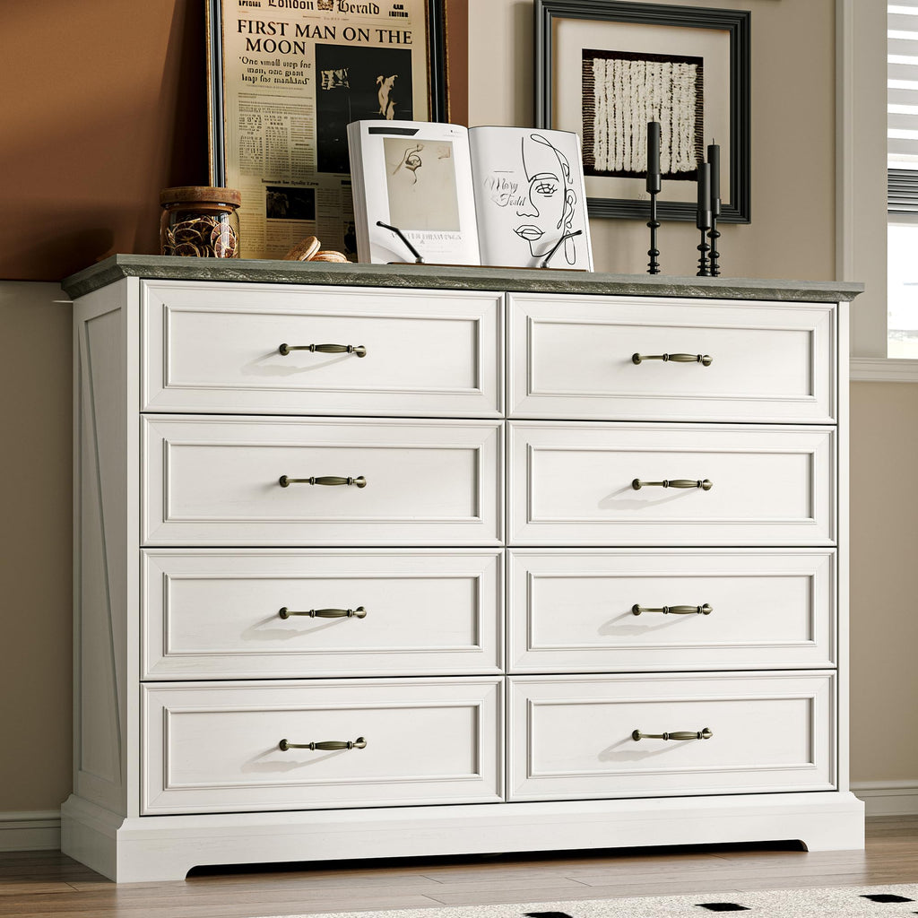 White Farmhouse 8-Drawer Wooden Dresser, 54" Wide Rustic Storage Chest with Bar Handles