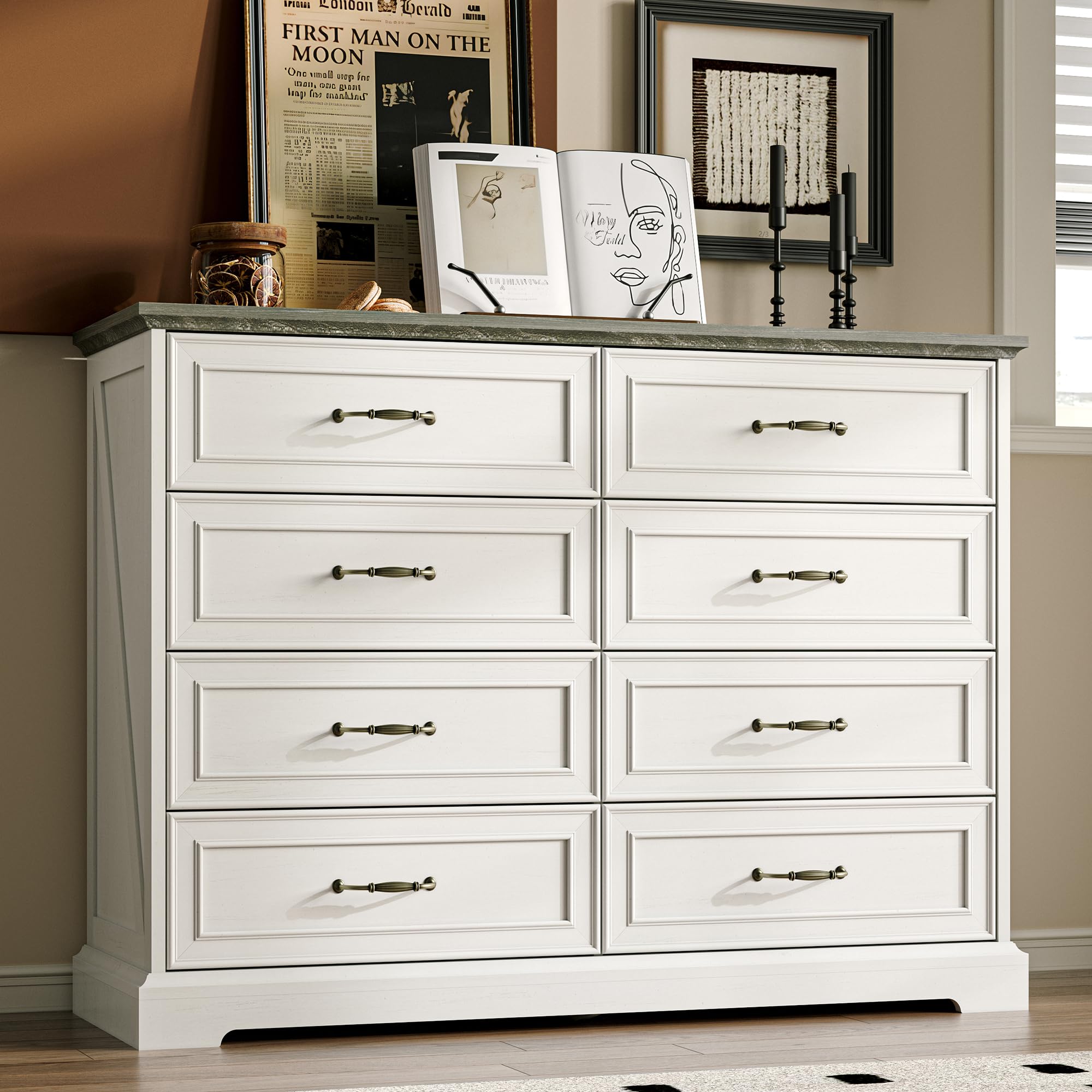 White Farmhouse 8-Drawer Wooden Dresser, 54" Wide Rustic Storage Chest with Bar Handles