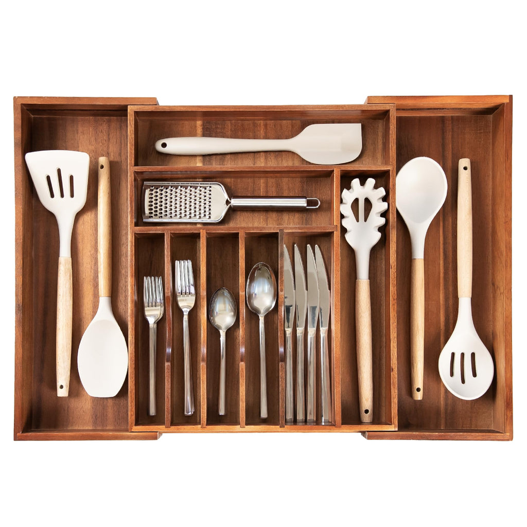 KitchenEdge Premium Silverware, Flatware and Utensil Organizer for Kitchen Drawers, Food-Safe Contract Grade, Expandable from 18 to 33 In, Natural Bamboo