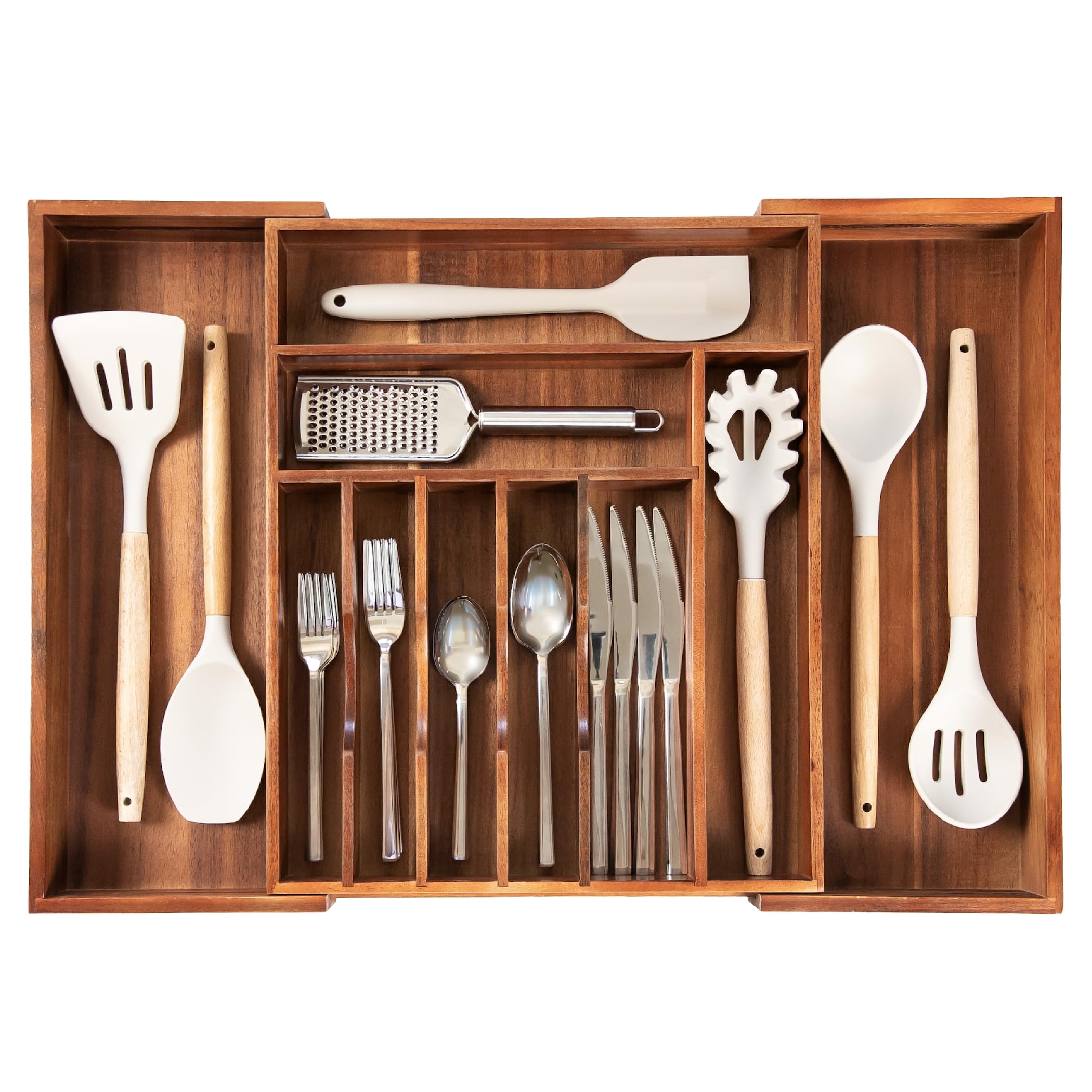 KitchenEdge Premium Silverware, Flatware and Utensil Organizer for Kitchen Drawers, Food-Safe Contract Grade, Expandable from 18 to 33 In, Natural Bamboo
