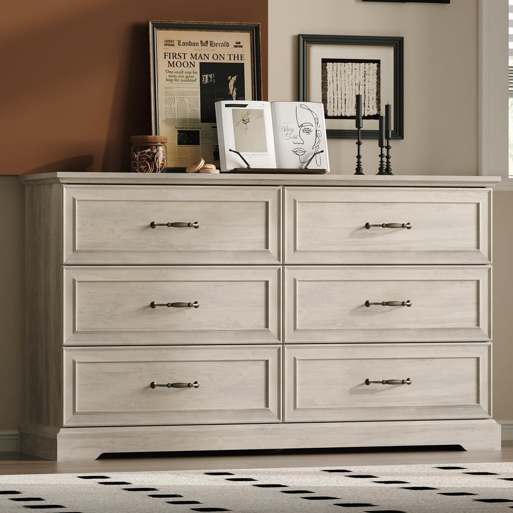White Farmhouse 8-Drawer Wooden Dresser, 54" Wide Rustic Storage Chest with Bar Handles