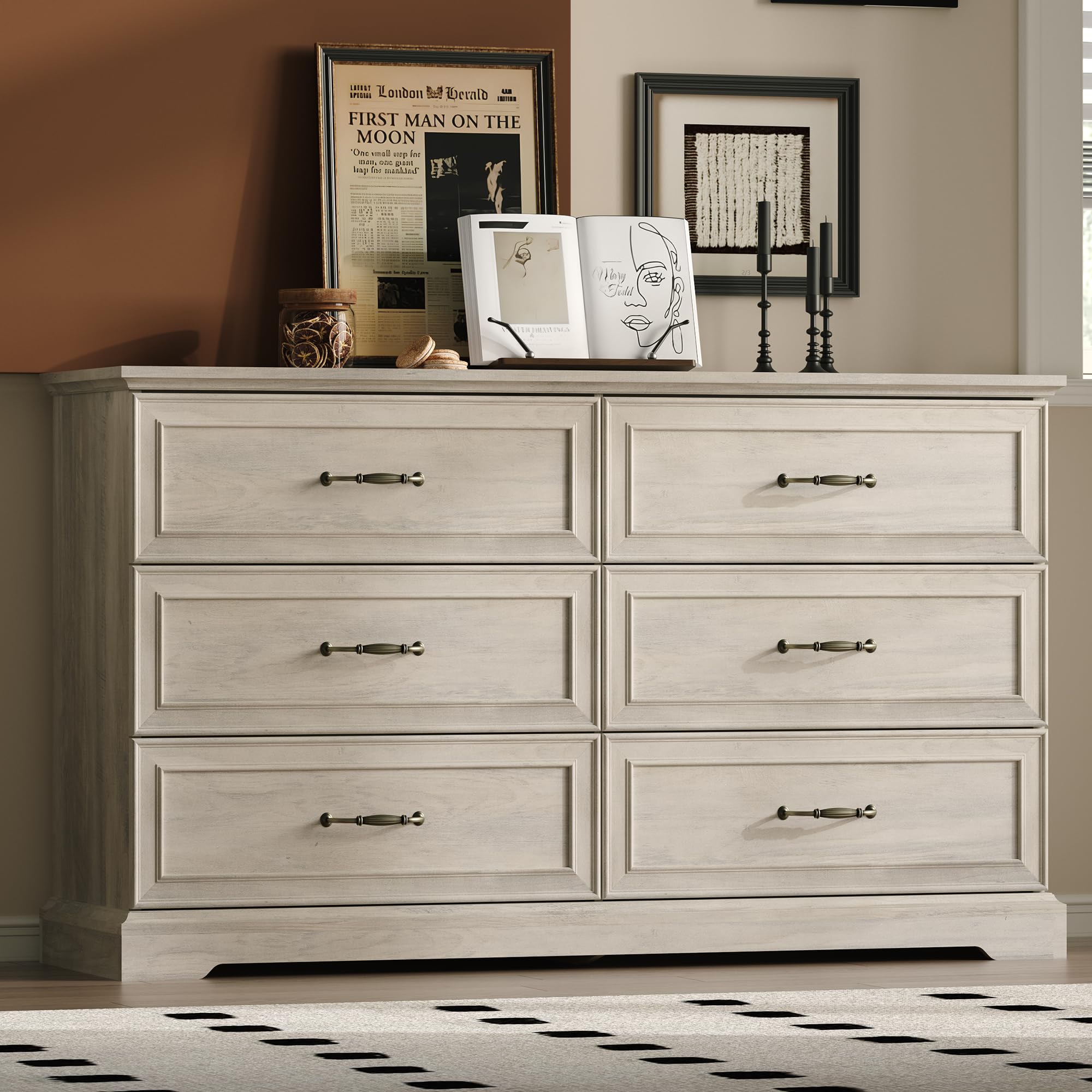 White Farmhouse 8-Drawer Wooden Dresser, 54" Wide Rustic Storage Chest with Bar Handles