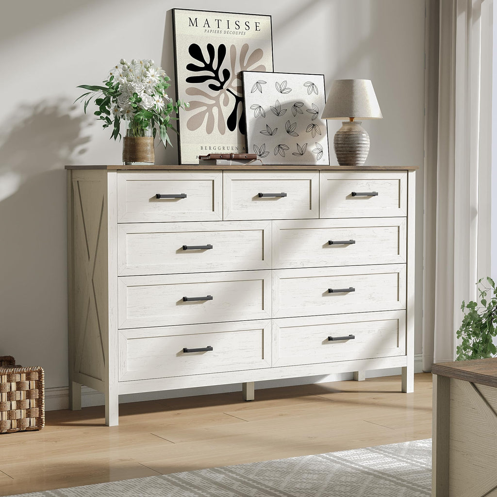 Farmhouse White 9 Drawers Dresser for Bedroom, Wood Rustic Wide Dressers with Metal Handles, Wood Chest for Bedroom, Hallway, Entryway