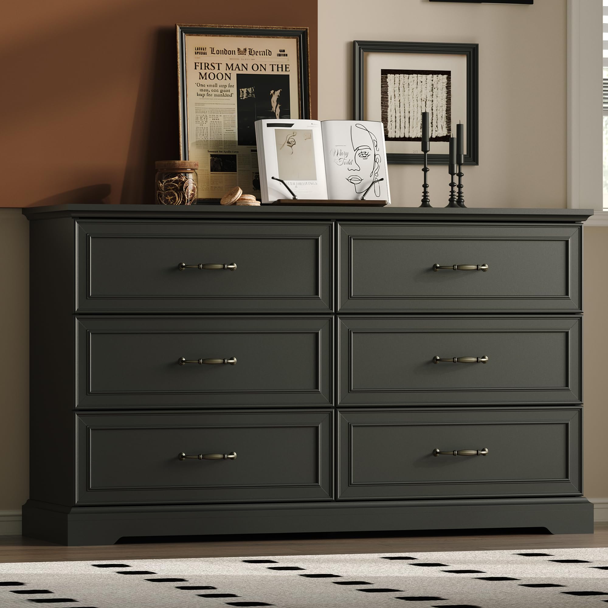 White Farmhouse 8-Drawer Wooden Dresser, 54" Wide Rustic Storage Chest with Bar Handles