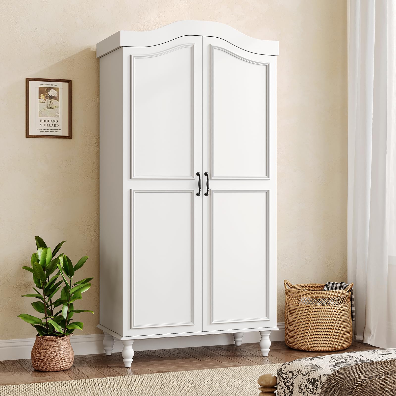 Arched Armoire Wardrobe Closet with 4 Doors, 71" H Wooden Large Capacity Wardrobe Cabinet with 2 Hanging Rods and 8 Shelves, Freestanding Armoire Storage Cabinet for Bedroom, Cloak Room, Natural