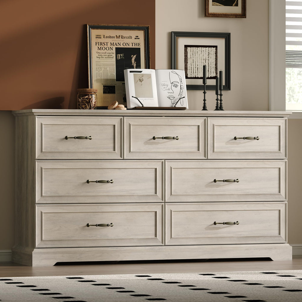 White Farmhouse 8-Drawer Wooden Dresser, 54" Wide Rustic Storage Chest with Bar Handles