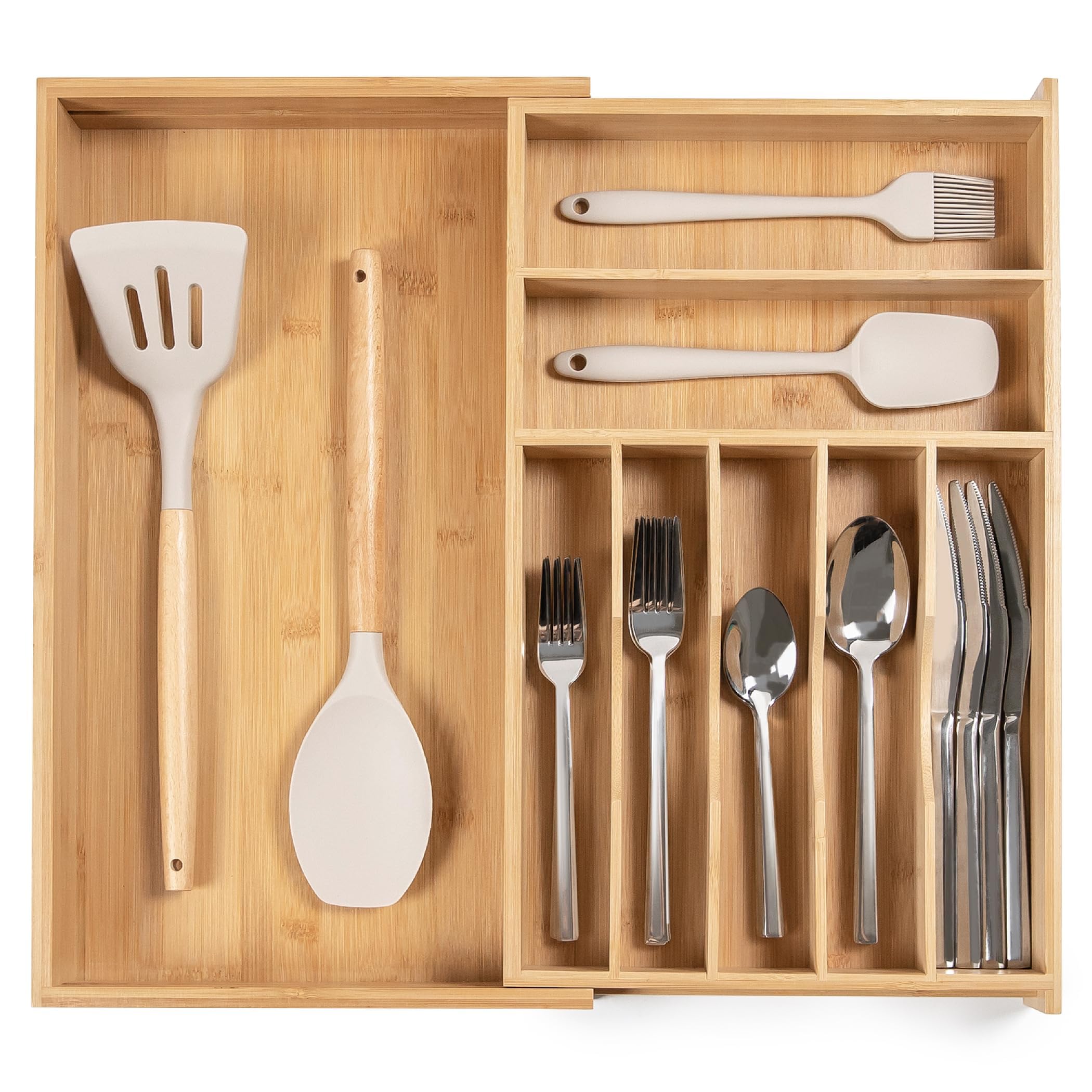 KitchenEdge Premium Silverware, Flatware and Utensil Organizer for Kitchen Drawers, Food-Safe Contract Grade, Expandable from 18 to 33 In, Natural Bamboo