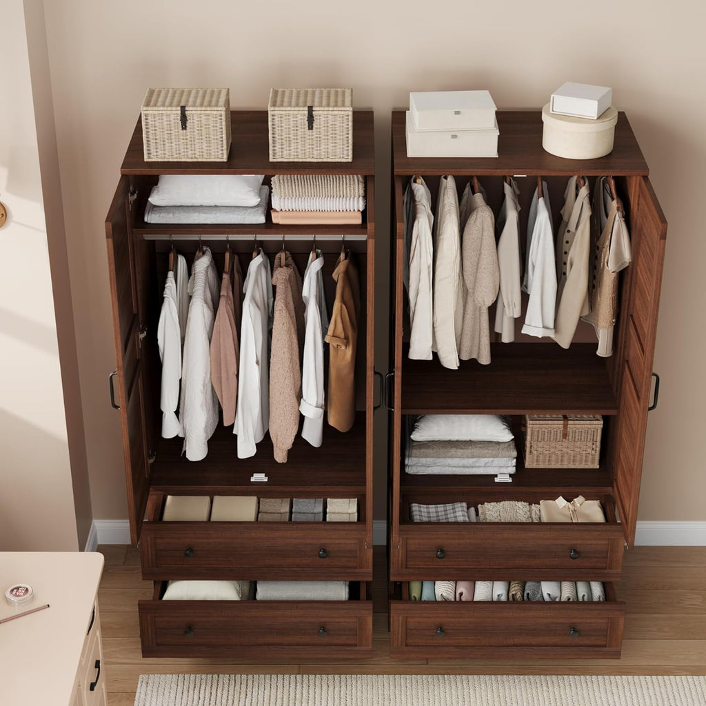 Garvee Armoire Wardrobe Closet with 2 Drawers, 72 in Tall Wooden Organizer with Hanging Rod, Large Storage Cabinet with Doors and Adjustable Shelves for Bedroom and Living Room, Rustic Brown