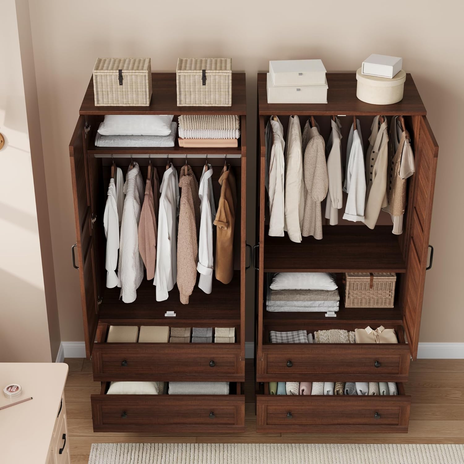 Garvee Armoire Wardrobe Closet with 2 Drawers, 72 in Tall Wooden Organizer with Hanging Rod, Large Storage Cabinet with Doors and Adjustable Shelves for Bedroom and Living Room, Rustic Brown