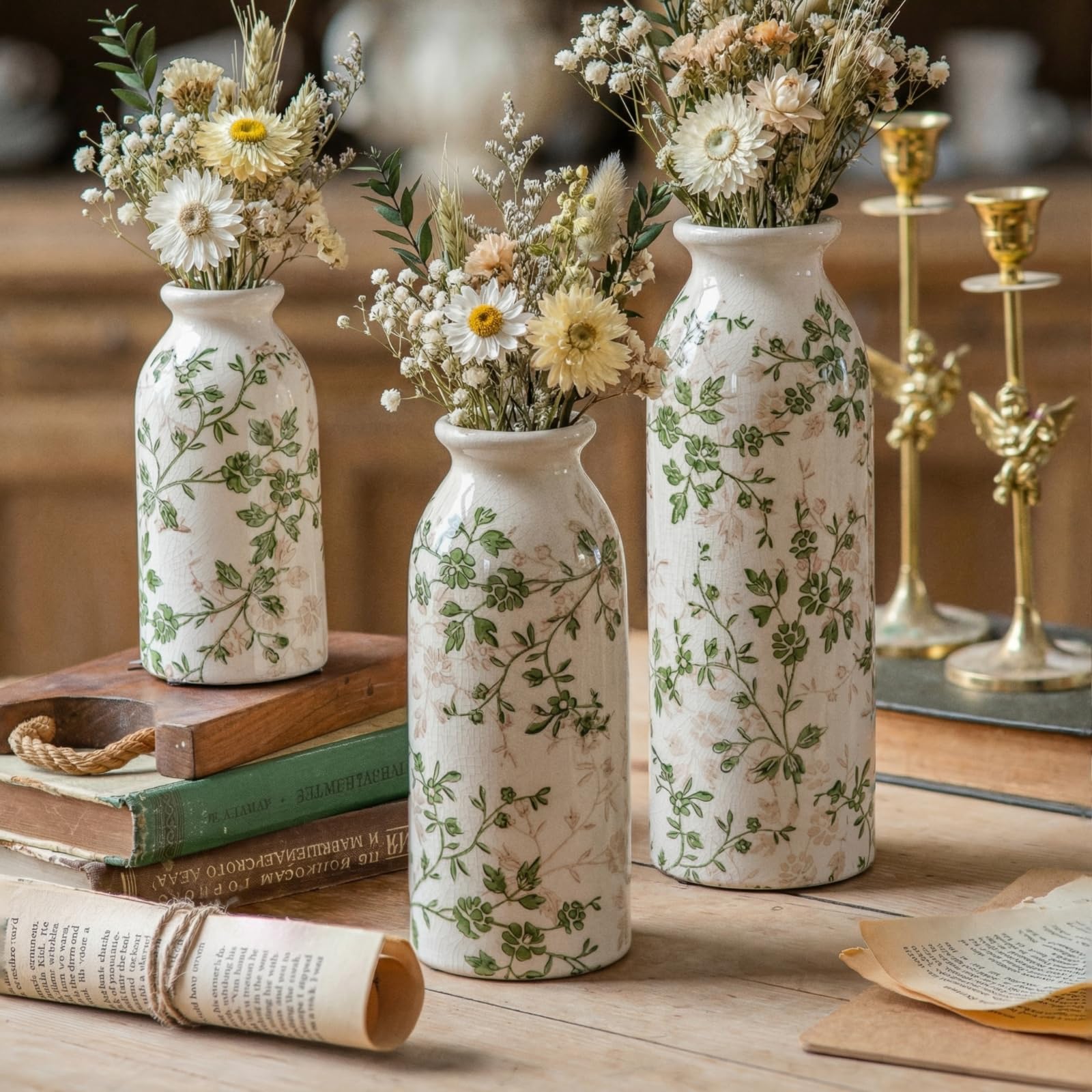 Vintage Vase Set of 3, Ceramic Vintage Flower Vases, Chinoiserie Decorative Home Decor Retro Floral Vase Rustic Farmhouse Decor for Table Bookshelf Mantel Kitchen Living Room Office - Colorful Daisy