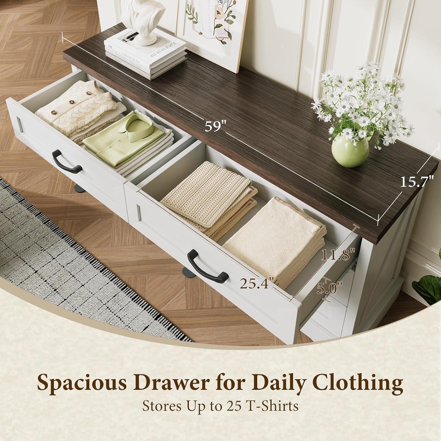 AODK Farmhouse 6 Drawer Dresser for Bedroom, White 59" Wide Engineered Wooden Chest of Drawers with Thick Board, Metal Handles, Modern Storage Cabinet for Living Room, Entryway, Walnut Top