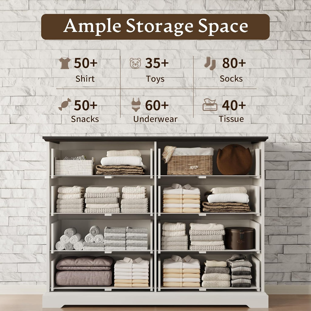 White Farmhouse 8-Drawer Wooden Dresser, 54" Wide Rustic Storage Chest with Bar Handles