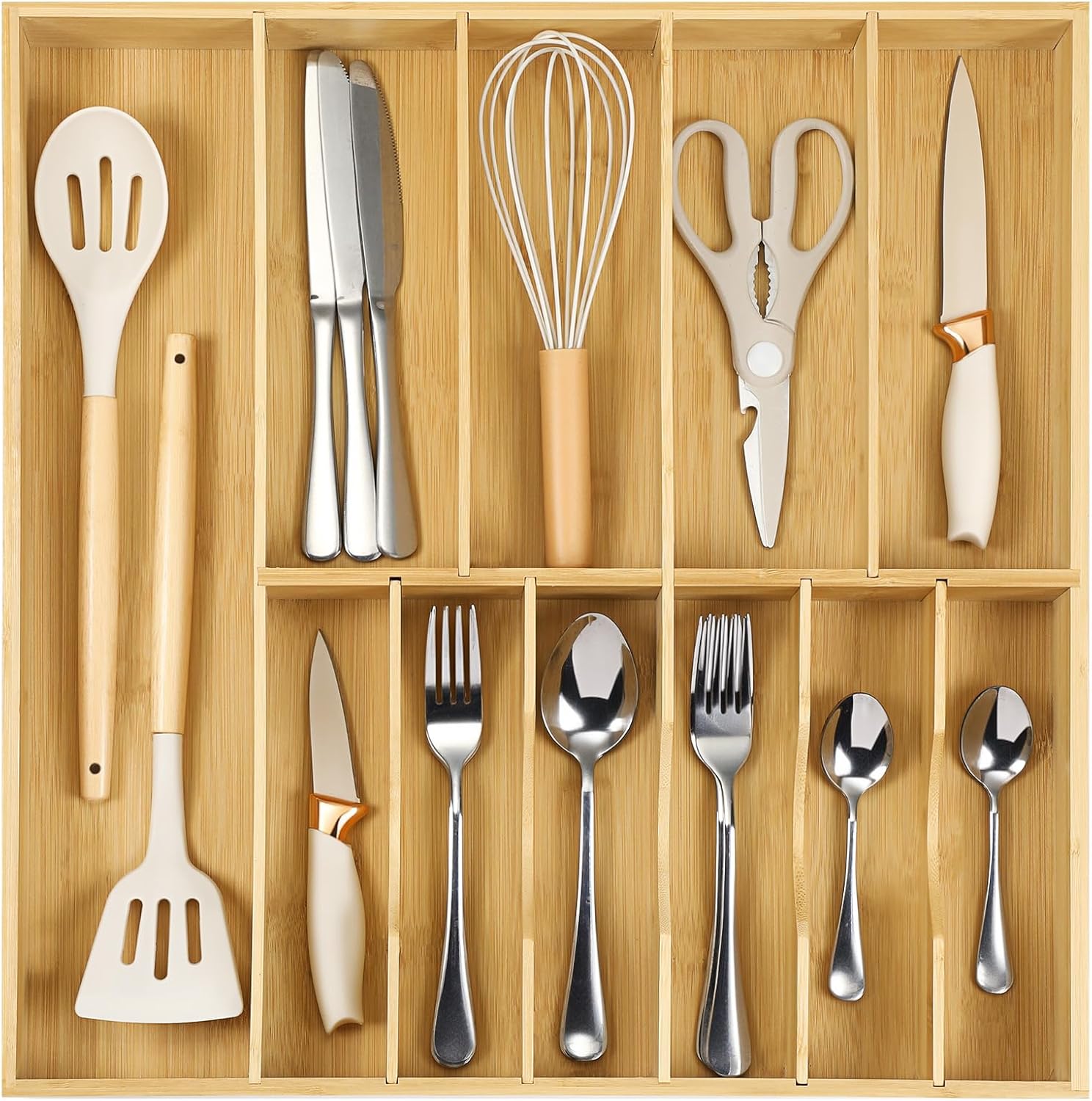 Expandable Bamboo Silverware Drawer Organizer Adjustable Kitchen Cutlery Storage Tray 16.7''-30''
