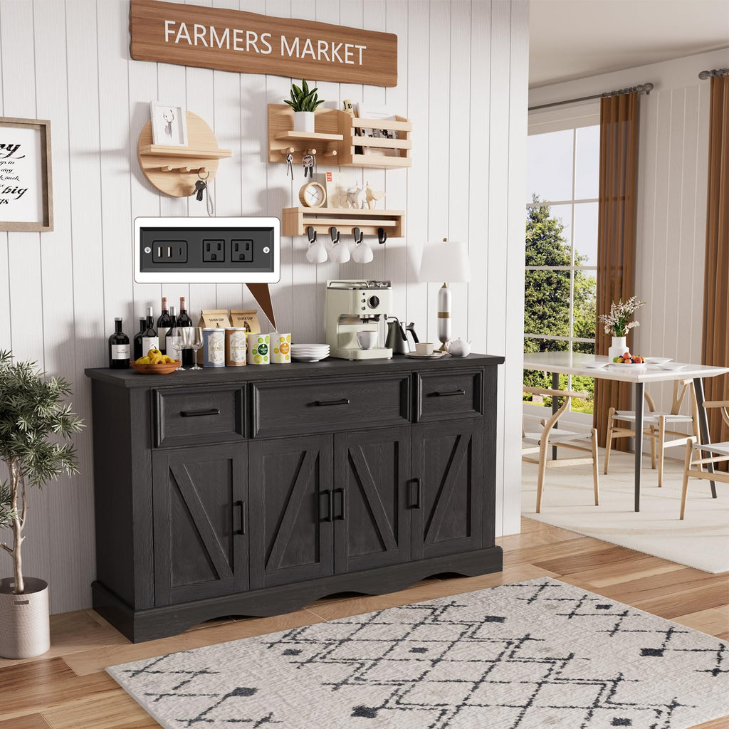 56" Modern Farmhouse Sideboard Buffet Cabinet with 4 Doors and 2 Drawers, Kitchen Storage Cabinet with Adjustable Shelves, Coffee Bar with Charging Station for Living Room, White