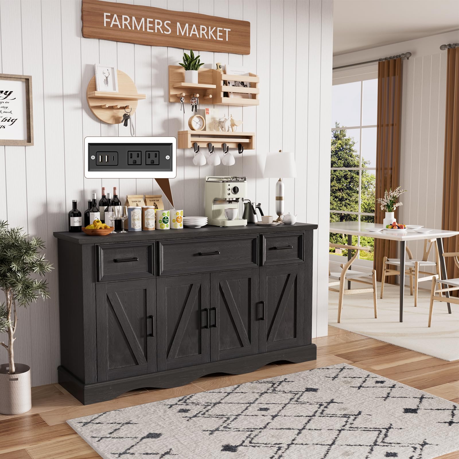 56" Modern Farmhouse Sideboard Buffet Cabinet with 4 Doors and 2 Drawers, Kitchen Storage Cabinet with Adjustable Shelves, Coffee Bar with Charging Station for Living Room, White