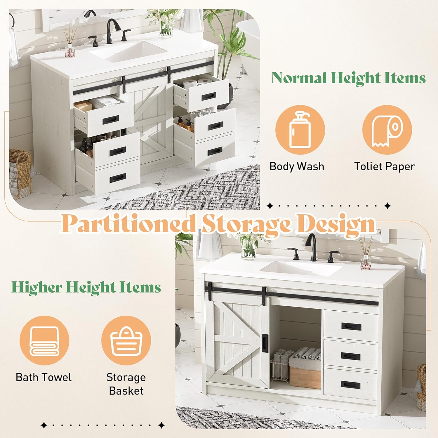 AMERLIFE 48" Farmhouse Freestanding Bathroom Vanity with Sink, Sliding Barn Doors Bathroom Vanity with Drawers & Deep Basin, Spacious Bathroom Storage, Rustic White
