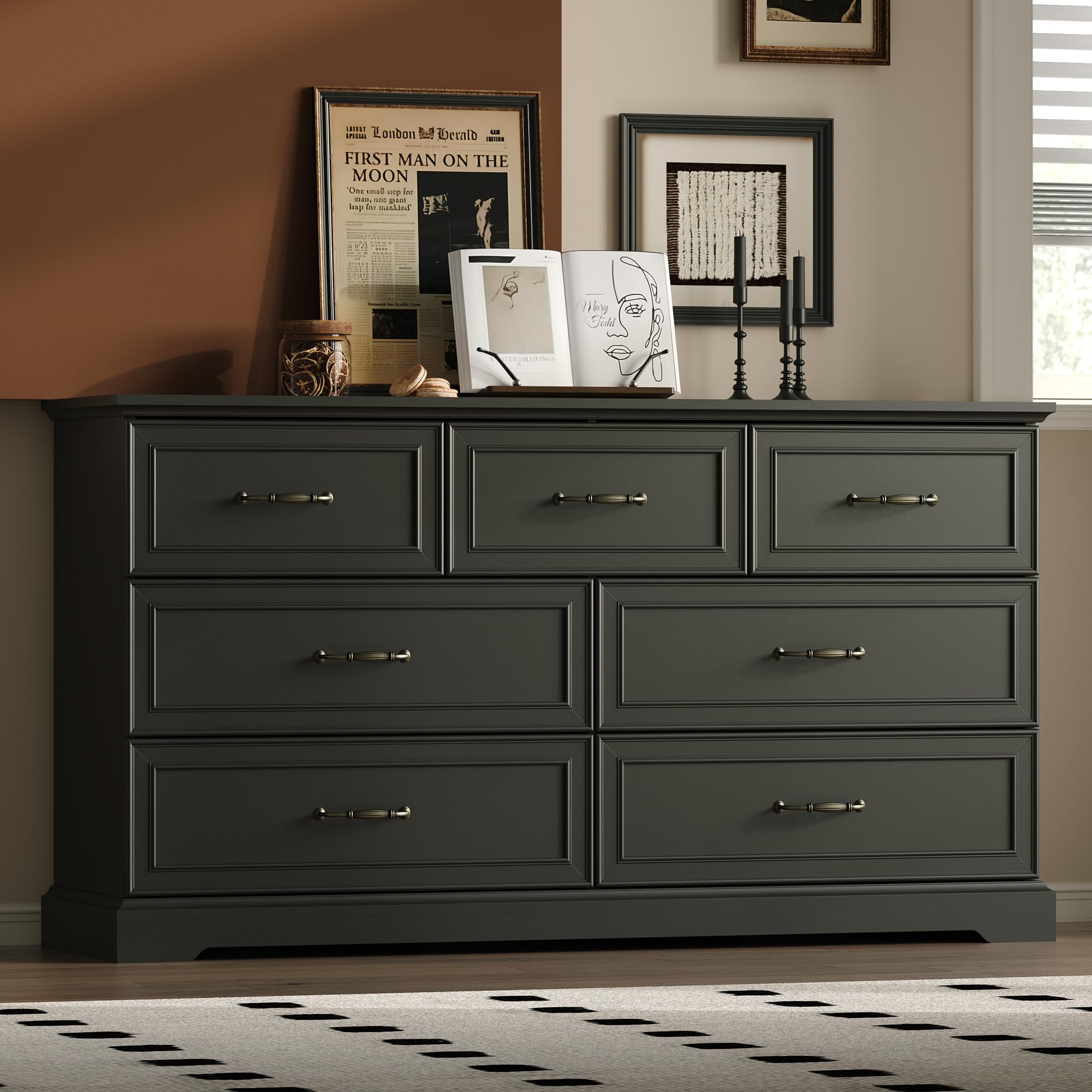 White Farmhouse 8-Drawer Wooden Dresser, 54" Wide Rustic Storage Chest with Bar Handles