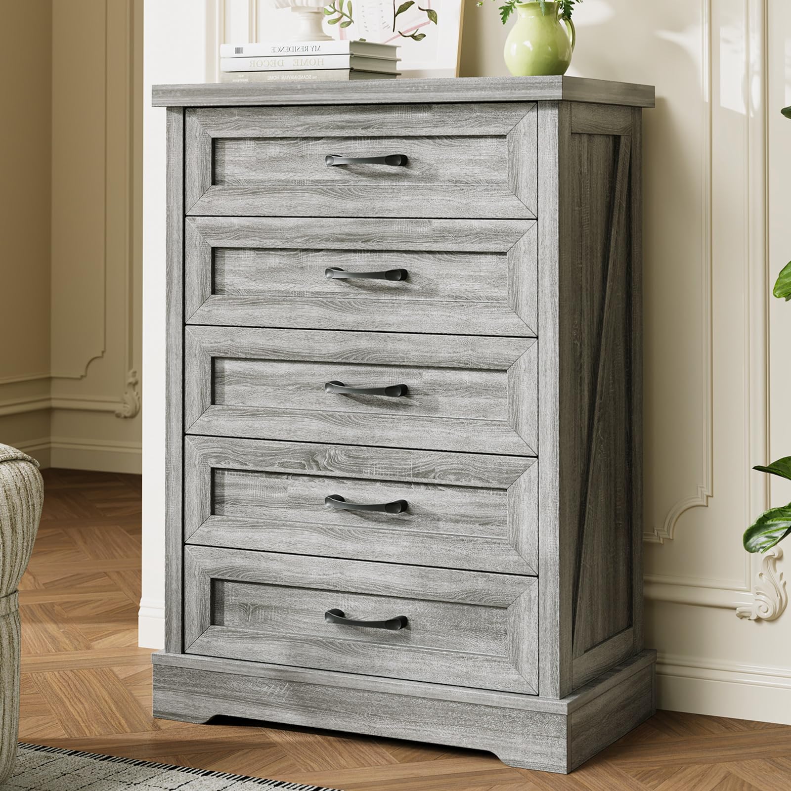 AODK Farmhouse 6 Drawer Dresser for Bedroom, White 59" Wide Engineered Wooden Chest of Drawers with Thick Board, Metal Handles, Modern Storage Cabinet for Living Room, Entryway, Walnut Top