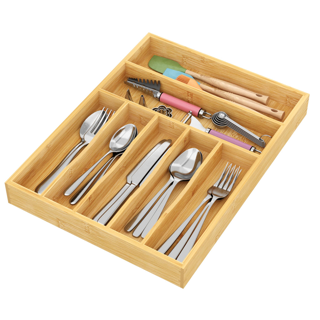 BAMEOS 3.9inch Tall Bamboo Drawer Organizer, Expandable Utensil Holder with 8 Compartments, Adjustable Kitchen Drawer Divider for Flatware, Silverware and Gadgets, Deep Storage for Home and Office