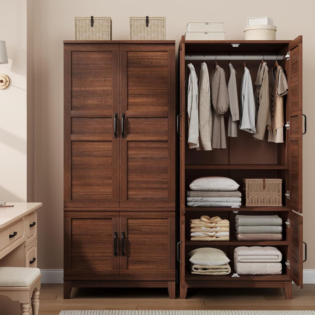 GarveeHome 72" Tall Armoire Wardrobe Closet with 4 Doors, Large Wooden Wardrobe Cabinet with Hanging Rod and Adjustable Shelves, Freestanding Clothing Storage Cabinet for Bedroom, Walnut Brown