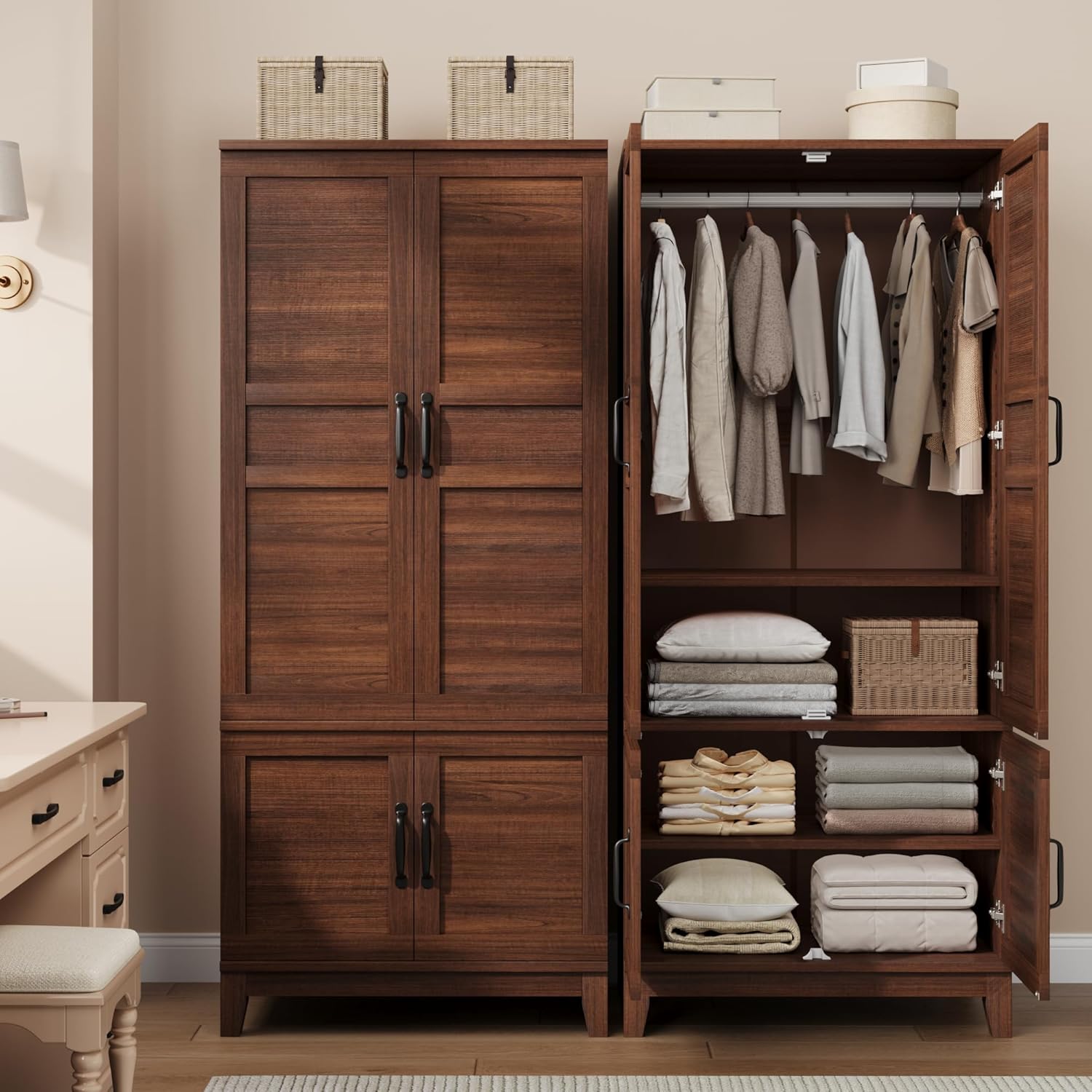 GarveeHome 72" Tall Armoire Wardrobe Closet with 4 Doors, Large Wooden Wardrobe Cabinet with Hanging Rod and Adjustable Shelves, Freestanding Clothing Storage Cabinet for Bedroom, Walnut Brown