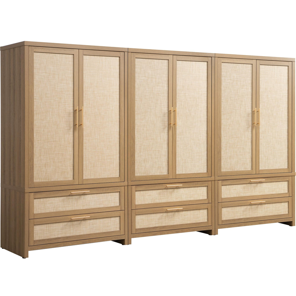 SICOTAS Rattan Armoire Wardrobe Closet Cabinet, 71" Tall Wardrobe Storage Cabinet with 2 Drawers and Hanging Rod, Boho Large-Capacity Deep Armoire Clothes Organizer for Bedroom, Cloak Room, Oak