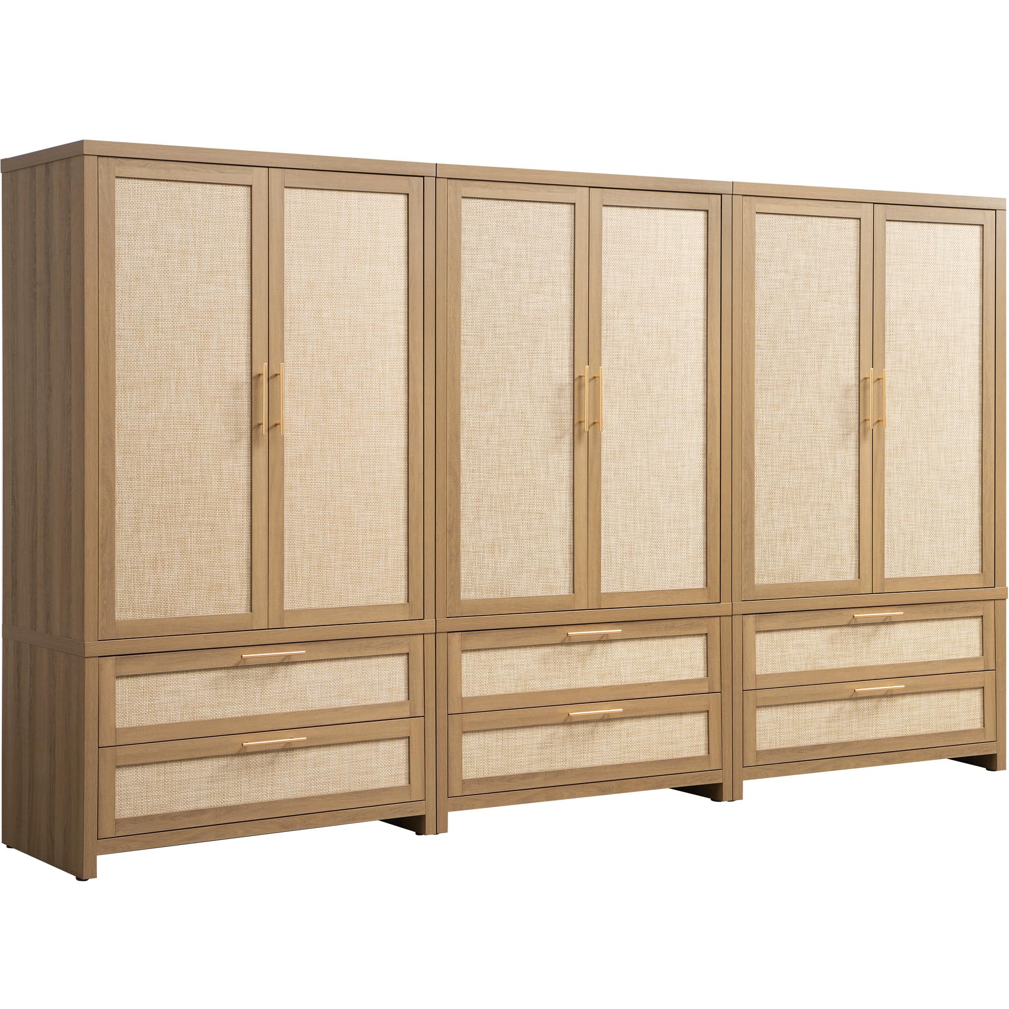 SICOTAS Rattan Armoire Wardrobe Closet Cabinet, 71" Tall Wardrobe Storage Cabinet with 2 Drawers and Hanging Rod, Boho Large-Capacity Deep Armoire Clothes Organizer for Bedroom, Cloak Room, Oak